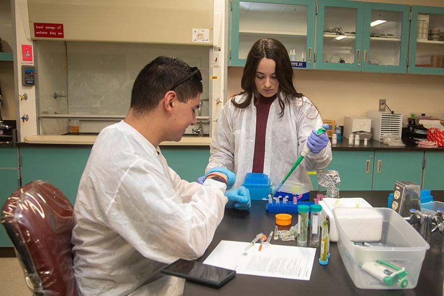 两个学生在实验室攻读他们在SJC的医学学位!